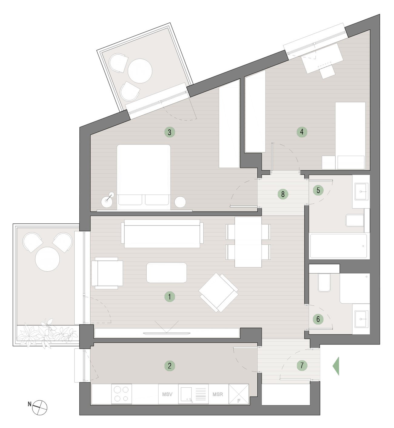 Plan apartament 3 camere C1.01.02 Mestecenilor Residence: 1 living și dining, 2 bucătărie, 3 și 4 dormitoare, 5 și 6 băi, 7 hol acces, 8 hol, balcon