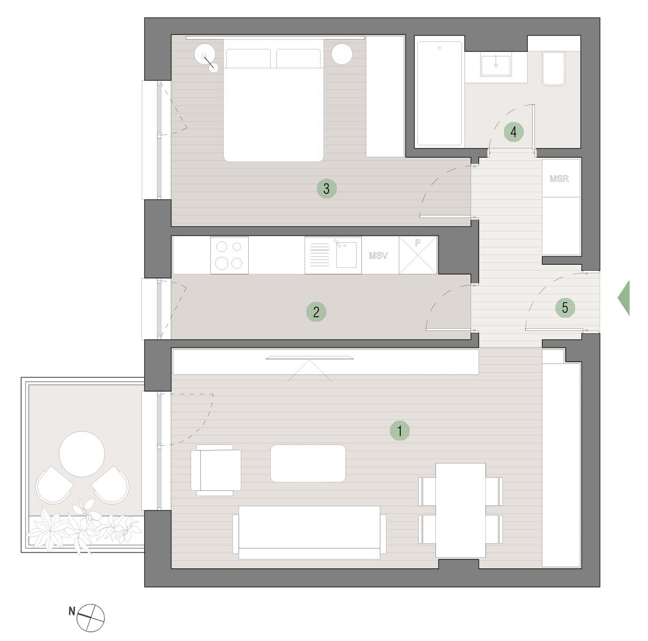 Plan apartament 2 camere C2.03.11 Mestecenilor Residence: 1 living și dining, 2 bucătărie, 3 dormitor, 4 baie, 5 hol, balcon