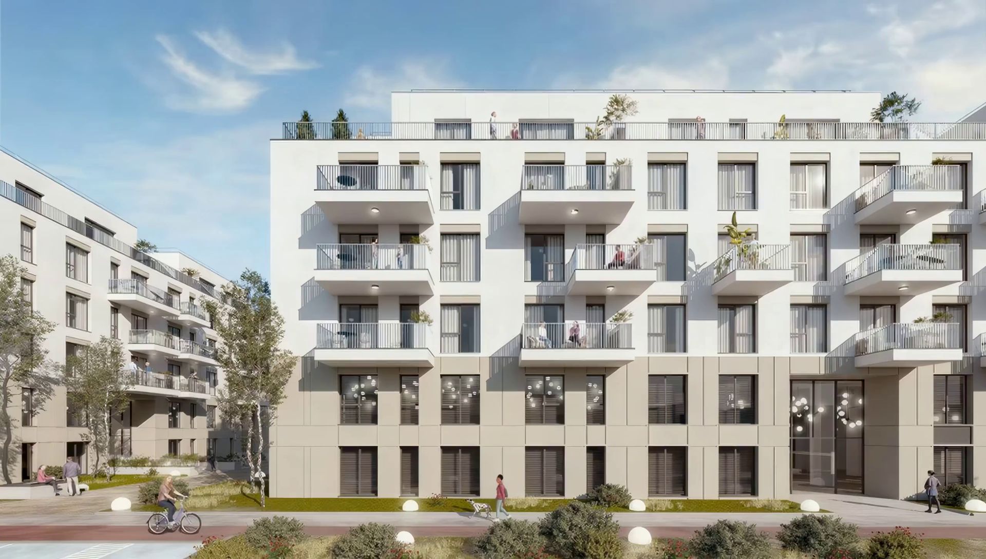 Mestecenilor Residence - ansamblu rezidențial nou în Sibiu, apartamente cu 2 camere, fațadă cu balcoane și pistă de biciclete