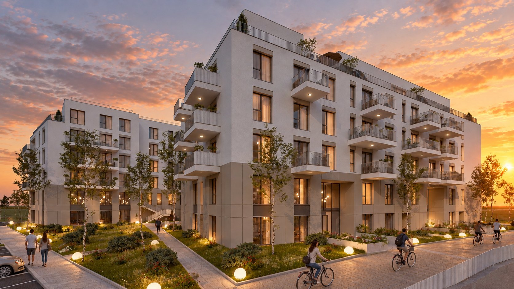 Ansamblul Mestecenilor Residence din Sibiu – vedere exterioară la apus