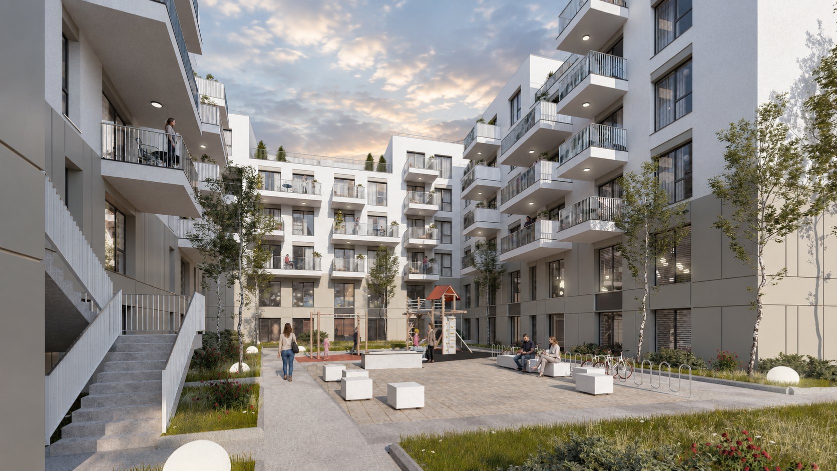 The inner courtyard of Mestecenilor Residence, with a children's playground and green spaces